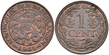 Нидерланды 1 цент 1941 Вильгельмина (1890-1948) KM 152 бронза 4592-852