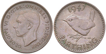 Великобритания 1 фартинг 1947 Георг VI (1936-1952) KM 843, Spink 4116 бронза 4613-517