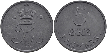 Дания 5 эре 1960 C; S, Фредерик IX (1947-1972) KM 843.2 цинк UNC 97-1146