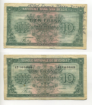БЕЛЬГИЯ 10 ФРАНКОВ 1944 1 ФЕВРАЛЯ 1943, КОРОЛЬ В ИЗГНАНИИ Pick 122 бумага 6294-46-4