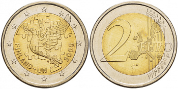 Финляндия 2 евро 2005 60 лет ООН, 50 лет членству Финляндии в ООН, голубь мира KM 119 биметалл UNC 1094-6-12