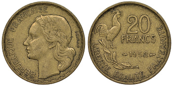 Франция 20 франков 1952 петух, 4 пера KM 917.1, Le Franc 402.9 алюминиевая бронза 4128-535