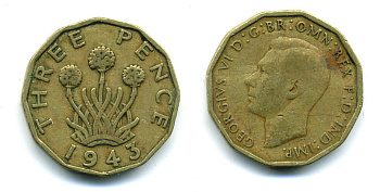 Великобритания 3 пенса 1943 Георг VI (1936-1952) KM 849, Spink 4112 никель латунь 89-1134