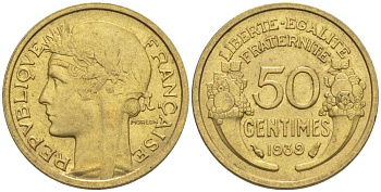 ФРАНЦИЯ 50 САНТИМОВ 1939 ТИП MORLON KM 894.1, LE FRANC 192.15 алюминиевая бронза 44-823