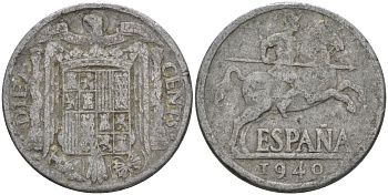 Испания 10 сентимо 1940 Франсиско Франко (1939-1975) KM 766 алюминий 4604-511