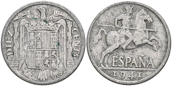 Испания 10 сентимо 1941 Франсиско Франко (1939 - 1975) KM 766 алюминий 4155-217