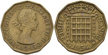 Великобритания 3 пенса 1954 Елизавета II (1952-2022) KM 900, Spink 4153 никель латунь 4146-336