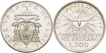 Ватикан 500 лир 1963 вакантный престол (Sede Wacante) KM 75 серебро 3333-1113