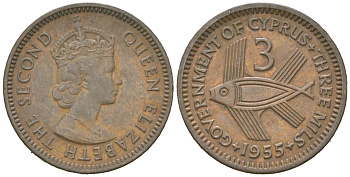 Кипр 3 миля 1955 Елизавета II (1952-2022), рыба KM 33 бронза 4152-618
