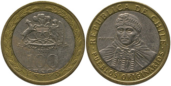 Чили 100 песо 2008 So KM 236, Schon 84 биметалл 4544-222