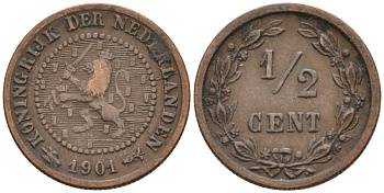 Нидерланды 1/2 цента 1901 Вильгельмина (1890-1948) KM 109 бронза 4576-317