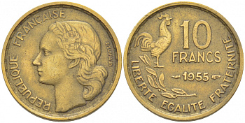 ФРАНЦИЯ 10 ФРАНКОВ 1955 KM 915.1 алюминиевая бронза 3309-1126