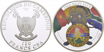КАМЕРУН 100 ФРАНКОВ 2010 СЕРИЯ ДЕТЕНЫШИ БОЛЬШОЙ ПЯТЕРКИ, БУЙВОЛ, ЭМАЛЬ, ТИРАЖ 1000 ЭКЗ. KM NEW медь плакированная серебром 00-000-00