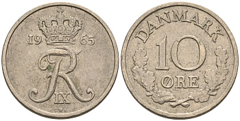 Дания 10 эре 1965 C;S, Фредерик IX (1947-1972) КМ 849.1 медно-никель 4564-1223