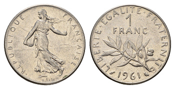 Франция 1 франк 1961 сеятель KM 925 никель 3336-923