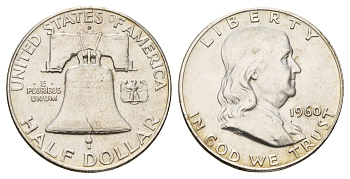 США 1/2 доллара (50 центов) 1960 D, Бенджамин Франклин, колокол KM 199 серебро aUNC 1528-1024