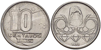 Бразилия 10 сентаво 1989 золотодобыча KM 613 нержавеющая сталь 112-614
