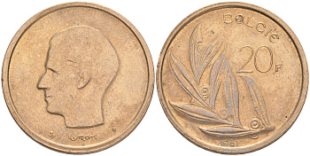 БЕЛЬГИЯ 20 ФРАНКОВ 1981 BELGIE KM 160 никель бронза 4556-655