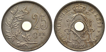 БЕЛЬГИЯ 25 САНТИМОВ 1929 BELGIE, АЛЬБЕРТ I (1909-1934) KM 69 медно-никель 27-935