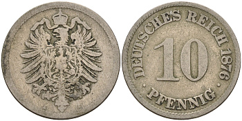 Германия 10 пфеннигов 1876 A, старогербовка KM 4, Jager 4, Weege 7 медно-никель    4153-322