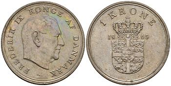 Дания 1 крона 1965 C;S, Фредерик IX (1947-1972) KM 851 медно-никель 4601-825