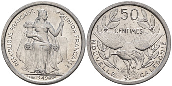 Французская Новая Каледония 50 сантимов 1949 птица кагу, заморские территории KM 1 алюминий 4154-129