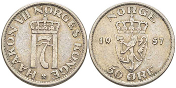 Норвегия 50 эре 1957 Хокон VII (1905-1957) KM 402 медно-никель 119-935