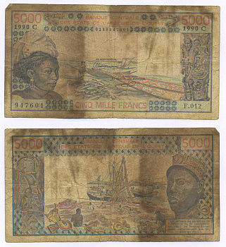 ВАЛЮТНЫЙ СОЮЗ СТРАН ЗАПАДНОЙ АФРИКИ 5000 ФРАНКОВ 1990 ПОДПИСЬ 21 Pick 108Aq бумага 7205-4-3