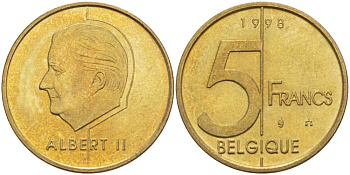 БЕЛЬГИЯ 5 ФРАНКОВ 1998 BELGIQUE, АЛЬБЕРТ II (1993-) KM 189 алюминиевая бронза 4382-1225