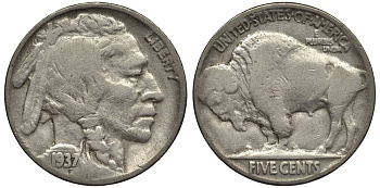 США 5 ЦЕНТОВ 1937 ИНДЕЕЦ, БИЗОН KM 134 медно-никель 27-654