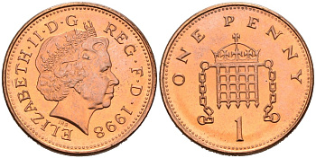 Великобритания 1 пенни 1998 Елизавета II (1952-2022) KM 986, Spink 4710 (B5) сталь плакированная медью UNC 92-641