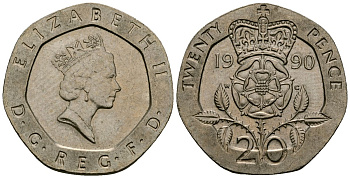 Великобритания 20 пенсов 1990 Елизавета II (1952-2022) KM 939, Spink 4361 (G2) медно-никель 4135-146