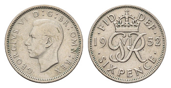 Великобритания 6 пенсов 1952 Георг VI (1936-1952), редкий год KM 875, Spink 4110 медно-никель 270-1434