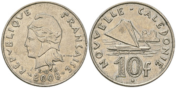 Французская Новая Каледония 10 франков 2008 рыбачья парусная лодка, (IEOM) KM 11a, Schoen 13a, Lec 99k медно-никель 60-541