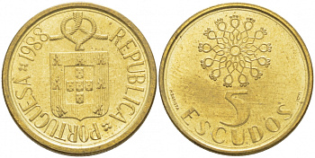 ПОРТУГАЛИЯ 5 ЭСКУДО 1988 KM 632 никелированная латунь UNC 87-455