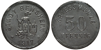 Гессен, Бенсхайм 50 пфеннигов 1917 Funck 34.4 цинк 75-1916