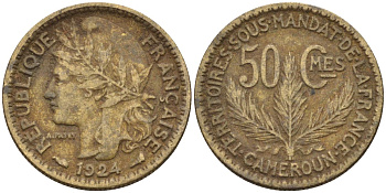 Французский Камерун 50 сантимов 1924 (а), монетный двор Париж KM 1 алюминиевая бронза 4164-856