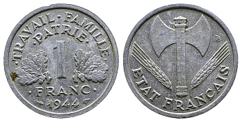 ФРАНЦИЯ 1 ФРАНК 1944 ТИП LEGERE, ПРАВИТЕЛЬСТВО ВИШИ KM 902.1, LE FRANC 223.5 алюминий 261-423