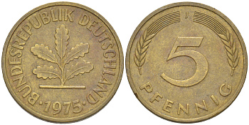 ФРГ 5 ПФЕННИГОВ 1975 J KM 107, J. 382 сталь плакированная латунью 4181-947