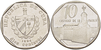 Куба 10 сентаво 1994 форт в Гаване Ла-Фуэрса KM 576.1 сталь плакированная никелем 66-663