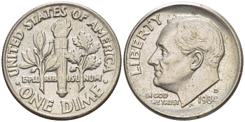 США 10 ЦЕНТОВ = 1 ДАЙМ 1984 D, РУЗВЕЛЬТ KM 195а медь плакированная медно-никелем 217-1114