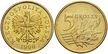 Польша 5 грошей 1998 MW KM 278, Parchimowicz 703e латунь UNC 4516-1156