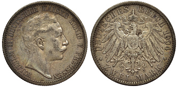 Пруссия 2 марки 1904 A, Вильгельм II (1888-1918) J.102, Weege 101, KM 522 серебро 02-014-31