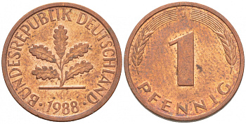 ФРГ 1 ПФЕННИГ 1988 J KM 105, J.380 сталь плакированная медью 4396-1539