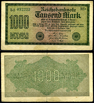 Германия 1000 марок 1922 15 сентября 1922, серия RD, водяной знак №31 Pick 76, Розенберг 75m бумага 3295-29-1-2