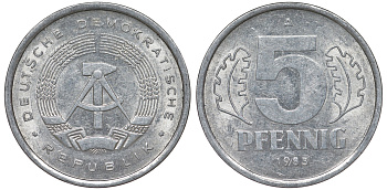 ГДР 5 ПФЕННИГОВ 1983 A КМ 9.2 алюминий 62-516