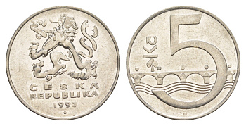 Чехия 5 крон 1993 чешский лев, Карлов мост KM 8 сталь плакированная никелем 4529-634