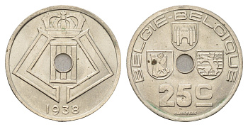 Бельгия 25 сантимов 1938 Belgie - Belgique, Леопольд III (1934-1947) KM 115 никель латунь aUNC 86-715