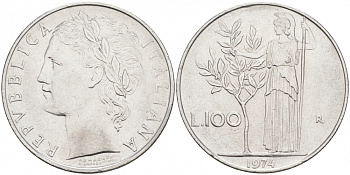 ИТАЛИЯ 100 ЛИР 1974 R, АФИНА KM 96.1 нержавеющая сталь 3855-815