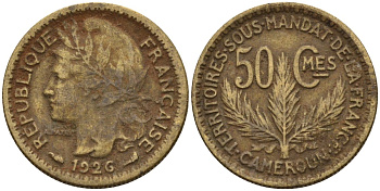 Камерун 50 сантимов 1926 (a), мондвор Париж KM 1 алюминиевая бронза 4169-1155